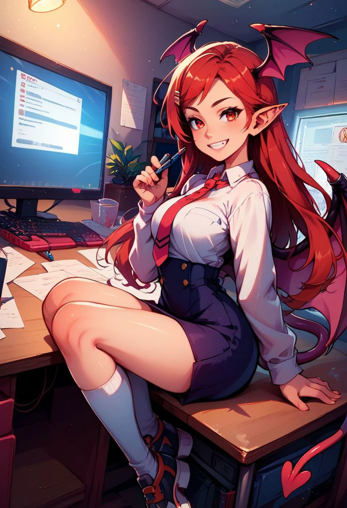 score_9, score_8_up, score_7_up, score_6_up, score_5_up, score_4_up, semi realistic,
BREAK,
koakuma,1girl, solo, demon_tail, head_wings, long_sleeves, traditional_media, dated, red_necktie, :d, full_body, black_footwear, white_socks, looking_at_viewer, bat_wings, smile, white_shirt, demon_wings, black_dress,
BREAK,
sitting at a desk in a newsroom, computer on the desk, papers piled, sticky notes on the bottom of computer monitor, holding a pen, chewing a pen; office at night, lights off, lit by computer screen; volumetric lighting, mood lighting, low lights, soft light, intricate details; colorful, vivid colors, rating_adult, zPDXL