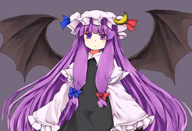 Patchouli Female Touhou, Patchouli wears a black dress with white sleeves. She has a small pair of black, bat-like wings on the sides of her head and long purple hair hair.