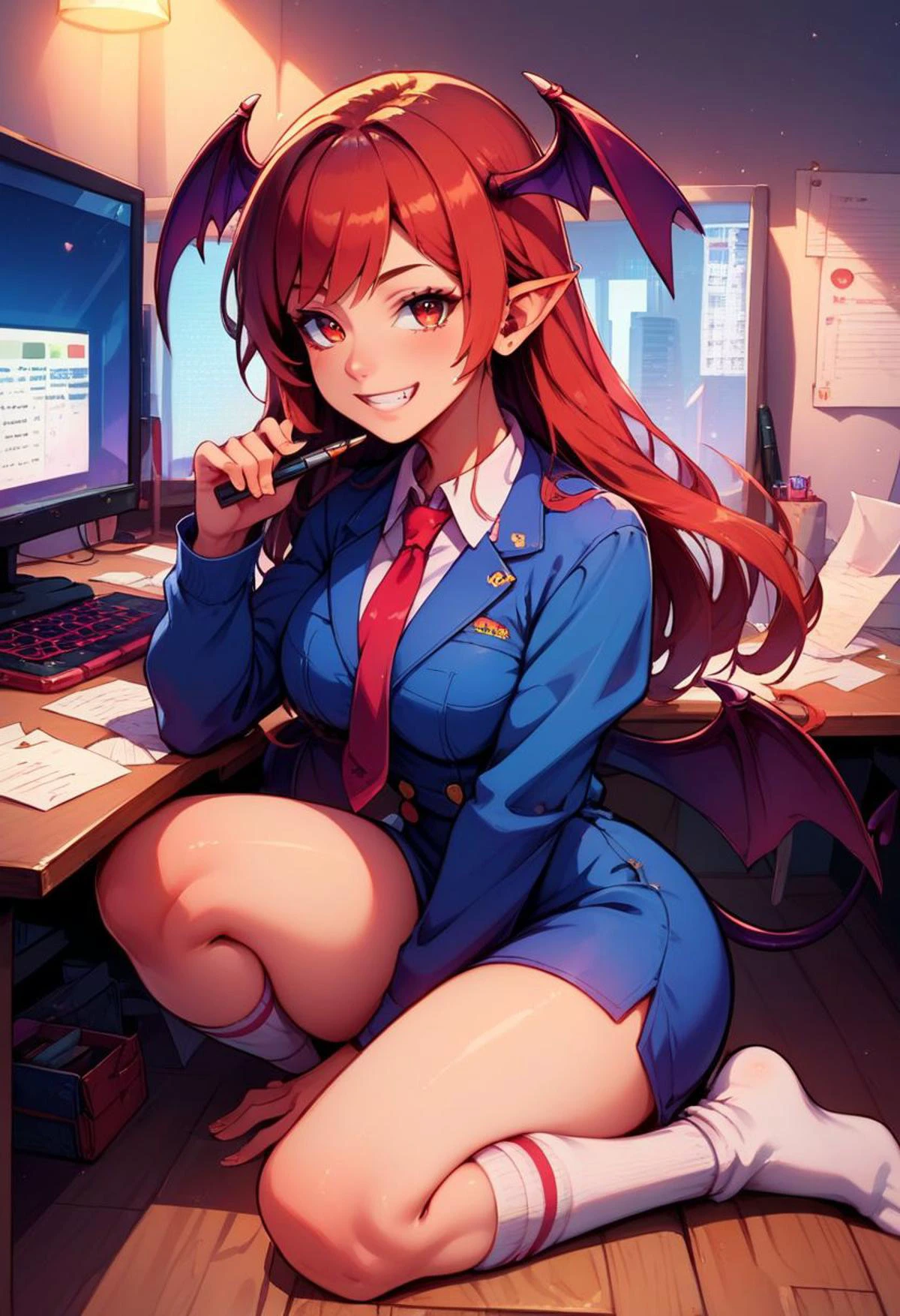 score_9, score_8_up, score_7_up, score_6_up, score_5_up, score_4_up, semi realistic,
BREAK,
koakuma,1girl, solo, demon_tail, head_wings, long_sleeves, traditional_media, dated, red_necktie, :d, full_body, black_footwear, white_socks, looking_at_viewer, bat_wings, smile, white_shirt, demon_wings, black_dress,
BREAK,
sitting at a desk in a newsroom, computer on the desk, papers piled, sticky notes on the bottom of computer monitor, holding a pen, chewing a pen; office at night, lights off, lit by computer screen; volumetric lighting, mood lighting, low lights, soft light, intricate details; colorful, vivid colors, rating_adult, zPDXL