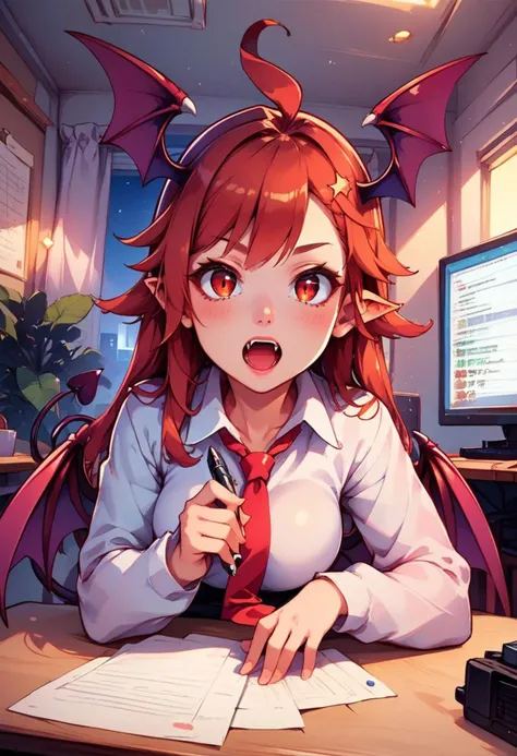 score_9, score_8_up, score_7_up, score_6_up, score_5_up, score_4_up, semi realistic, 
BREAK,
koakuma,1girl, solo, demon_tail, head_wings, long_sleeves, traditional_media, dated, red_necktie, :d, full_body, black_footwear, white_socks, looking_at_viewer, bat_wings, open_mouth, white_shirt, demon_wings, black_dress,
BREAK,
 sitting at a desk in a newsroom, computer on the desk, papers piled, sticky notes on the bottom of computer monitor, holding a pen, chewing a pen; office at night, lights off, lit by computer screen; volumetric lighting, mood lighting, low lights, soft light, intricate details; colorful, vivid colors, rating_adult, zPDXL