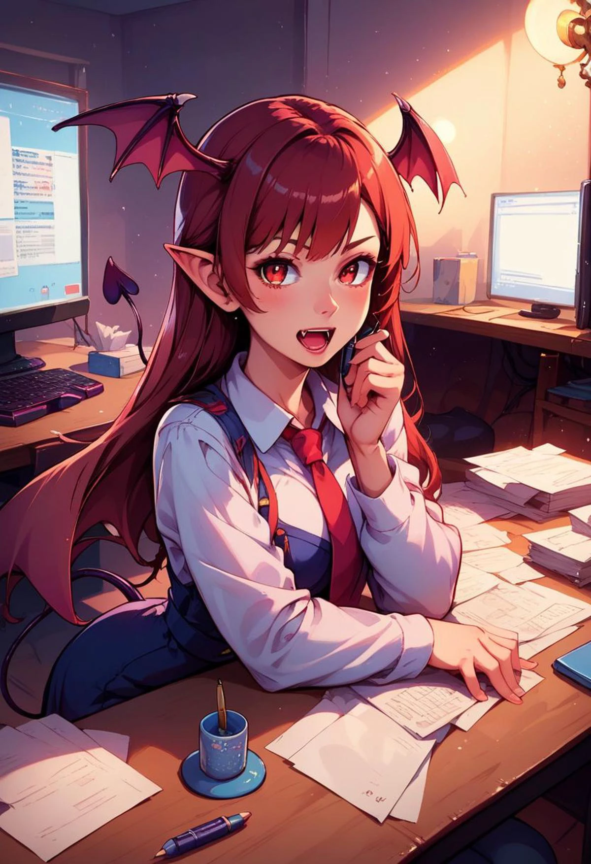 score_9, score_8_up, score_7_up, score_6_up, score_5_up, score_4_up, semi realistic,
BREAK,
koakuma,1girl, solo, demon_tail, head_wings, long_sleeves, traditional_media, dated, red_necktie, :d, full_body, black_footwear, white_socks, looking_at_viewer, bat_wings, open_mouth, white_shirt, demon_wings, black_dress,
BREAK,
sitting at a desk in a newsroom, computer on the desk, papers piled, sticky notes on the bottom of computer monitor, holding a pen, chewing a pen; office at night, lights off, lit by computer screen; volumetric lighting, mood lighting, low lights, soft light, intricate details; colorful, vivid colors, rating_adult, zPDXL