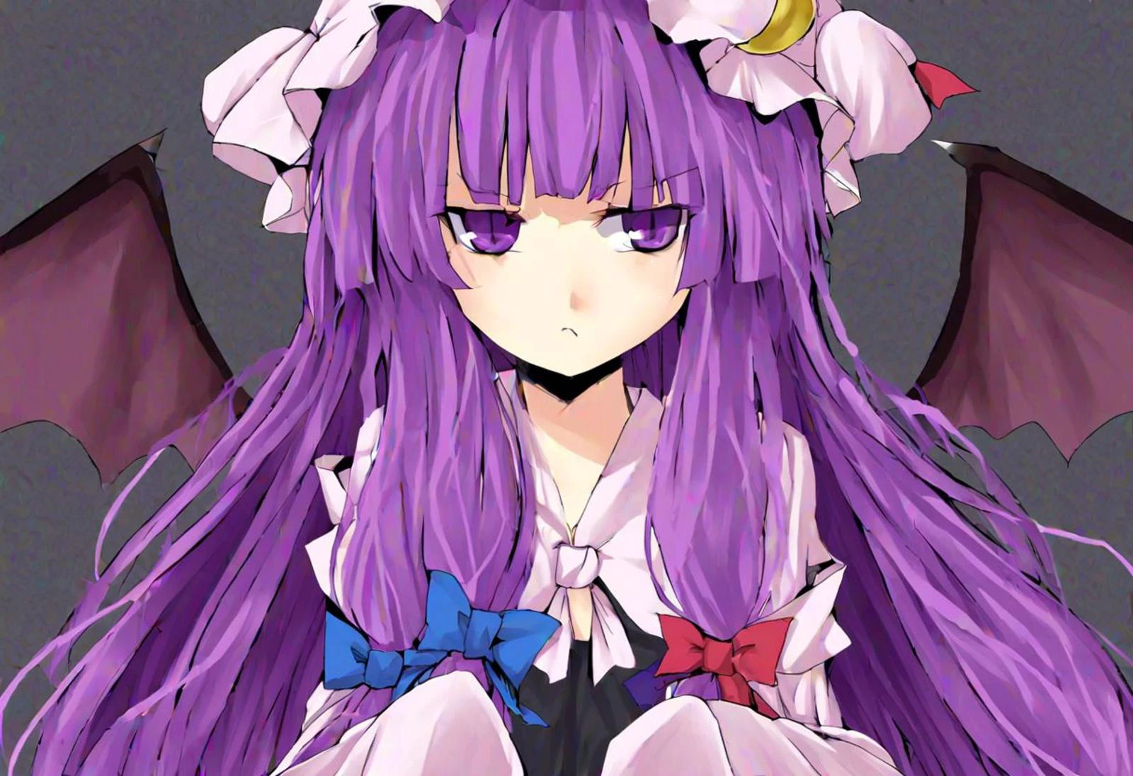 Patchouli Female Touhou, Patchouli wears a black dress with white sleeves. She has a small pair of black, bat-like wings on the sides of her head and long purple hair hair.