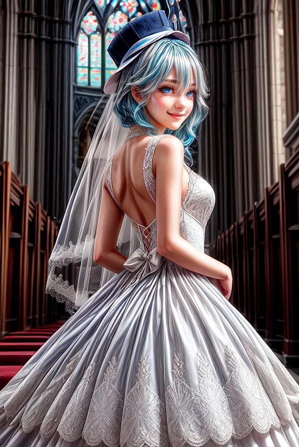 1girl, blue hair, blue eyes, bangs, wedding dress, altar, church, arms behind back, smile, blush, hat
(medium chest:1.2)
<lora:add_detail:0.7> <lora:BetterFeet:0.7> <lora:furina1:0.8> furinadef