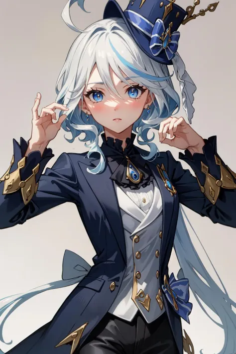 (best quality, masterpiece:1.2), 1girl, solo, furinadef, standing, simple background <lora:furina1:1>