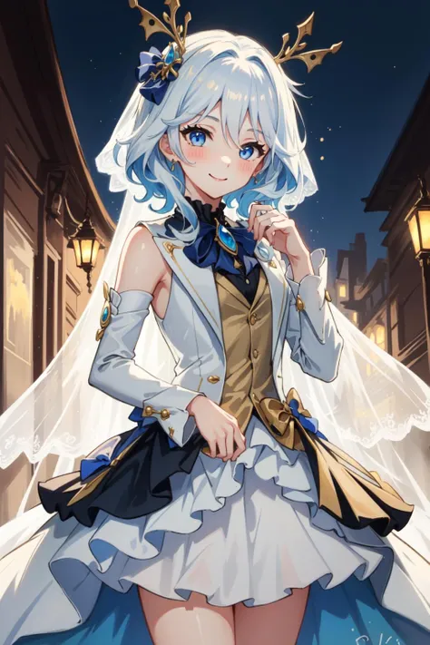(best quality, masterpiece:1.2), 1girl, solo, furinarnd, wedding dress, smiling, blush, standing, bokeh, simple background <lora:furina1:0.7>