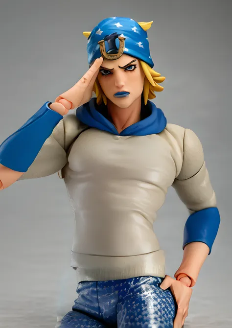 star pattern on blue pants, (masterpiece, best quality, absurdres:1.2), photo of a highly detailed (figma) of (<lora:johnnyJoestar_v2:0.9>), 1boy, kneeling, white blue hoodie, thin waist, hat, blonde hair, blue eyes,solo, [realistic], rendered in blender
 <lora:figmaAnimeFigures_figma:0.9>