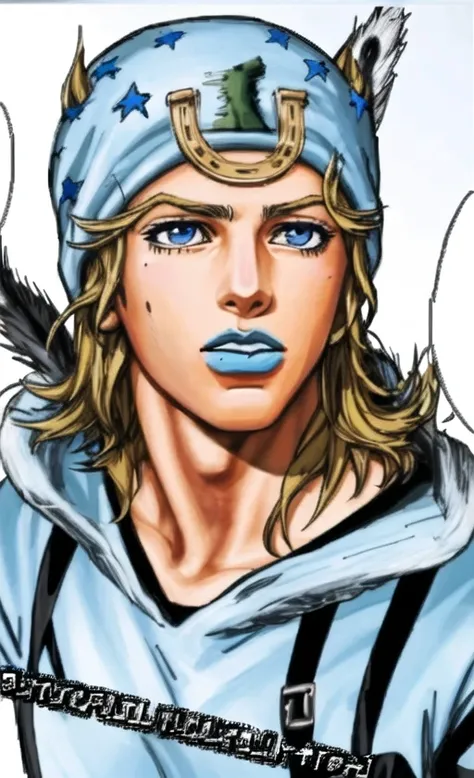 old vhs footage, <lora:johnnyNAI:1> closeup, ((perfect face)),90's style, 1boy, solo, male, johnny joestar, blue eyes, hat with star patterns on it, wristbands,blue lips, blue clothing, jojo, (1996 anime screenshot), screencap, 90's\(style\), blonde hair, slight grain, screenshot, animation toei, widescreen black bars, subtitles, anime, dark, cel animation
