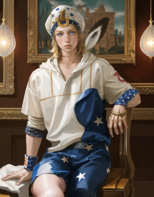 blue pants no belt, perfect classical art, master painter, 1890, Michelangelo, Caravaggio, ((American civil war era)), ultra quality, intricate clothing details, fancy room background, <(realistic:1.3), intricate details> <lora:johnnyNAI:0.9> 1boy, sitting on wooden chair, dramatic lighting, painting, blue clothing, star pattern on clothing, ethereal, wristbands, blonde hair, blue eyes, stars on clothing,anime fan art, detailed eyes, perfect face, male, adult young, 19 years old, 1boy, blue hat, johnny joestar, solo focus, (fullbody1.1), detailed background, solo focus, (quarterbody:1.2)