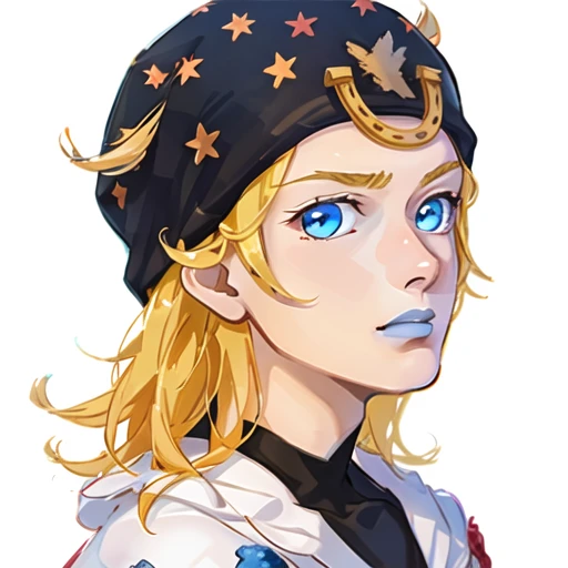 closeup, official artwork, headshot, game splash art, <lora:johnnyNAI:0.9> male, man, masculine, 1boy, male, adult, ((perfect proportions)) johnny joestar, blonde hair, blue eyes, blue_lips, makeup, pants, star pattern, hat, blue clothing, hood (clothing), sbr, sun, ((ray tracing)), glowing light, detailed-shadows, beautiful artwork, masterpiece, illustration, an extremely intricate and beautiful, extremely detailed ,CG ,unity ,8k wallpaper,GRASS, hair flower, cute,scene depth,