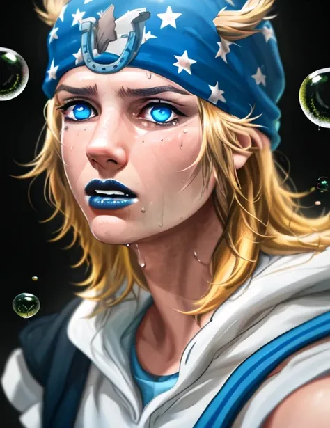 anime, <lora:johnnyNAI:0.9>  reaching for air, ((perfect face)) 1boy, solo, male, johnny joestar, blue eyes, hat with star patterns on it,blue lips, blue clothing, jojo, (glowing_eye:1.2), detailed_eyes, ((face_focus, zoomed_face, zoomed_in, bokeh, underwater, water, wet_surface,)) ((face_portrait:1.2)), (duality_style:0.3),(minimal_gradient:0.7), (nixeu_basic2:0.7), (nixeu_extra:0.7),(nixeu_soft:0.7),(nixeu_white:0.7) (blue_surge_style:1), bubbles coming from mouth, growning, dark,moody, ominous background, abstract, colorful, beautiful, shiny, realism, [colorful], [volumetric lighting],photorealistic realistic, luxurious, close_up, 8k, detailed, unreal engine 5, ray tracing, 8k, cinematic, depth of field, octane render,realistic lighting, cinematic lighting, small gold particles, best_quality