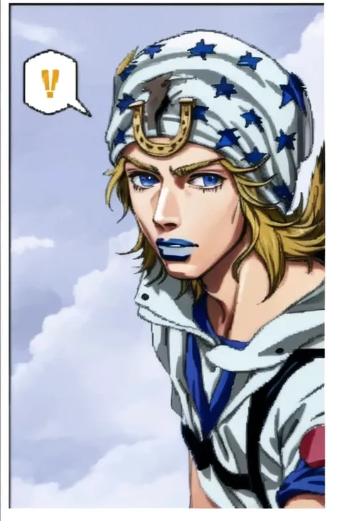 old vhs footage, <lora:johnnyNAI:0.9> closeup, ((perfect face)),90's style, 1boy, solo, male, johnny joestar, blue eyes, hat with star patterns on it, wristbands,blue lips, blue clothing, jojo, (1996 anime screenshot), screencap, 90's\(style\), blonde hair, slight grain, screenshot, animation toei, widescreen black bars, subtitles, anime, dark, cel animation