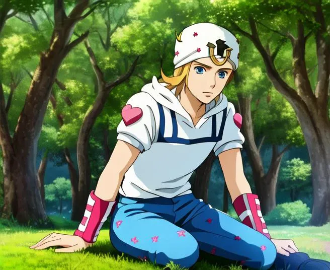 <lora:johnnyjojo:1.2>screenshot, ((johnnyjojo)), halfbody, hat, 1boy, blonde hair, blue eyes, lying on ground, masterpiece, best quality solo, 4k, 8k, pixiv art, male fucus, male, closed mouth, detailed face, hires, HQ, blue pants, best quality, masterpiece, intricate details, tonemapping, sharp focus, hyper detailed, mountains trees background, digital painting, anime Ghibli style <lora:studioGhibliStyle_offset:0.8>