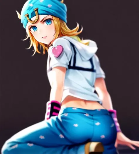 male fucus, male, closed mouth ((johnnyjojo)), hat, 1boy, blonde hair, blue eyes, detailed face, hires, HQ, blue pants, volumetric lighting, best quality, masterpiece, intricate details, tonemapping, sharp focus, hyper detailed, <lora:johnnyjojo:1.2> cute expression, bright eyes, simple background, digital painting, rear view, butt focus, kneeling, anime