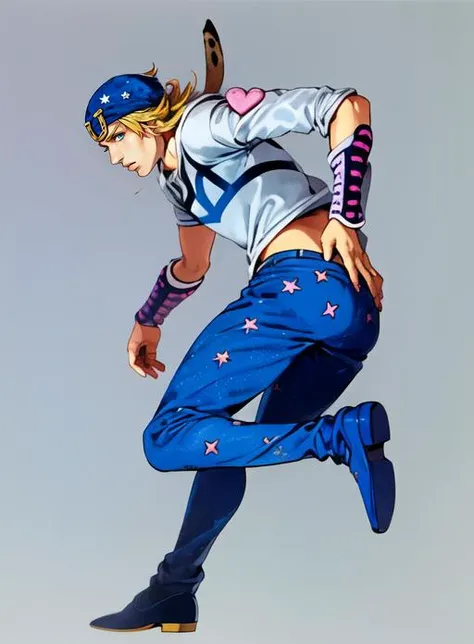 ((young, perfect face)) character turnaround, manga cover, detailed intricate, (masterpiece, best quality:1.3), star pattern pants, hat, portrait, 1boy, (19 yrs:1.1), johnnyjojo, blue eyes, solo, blonde hair, blue nails, simple background, fullbody turnaround,front view, side view back view, male focus, posing, jojo <lora:johnnyJoestarLora_v4:1.1> <lora:TESTArakiHirohikoArt_v2:0.8> arakistyle artstyle, manga, magazine
