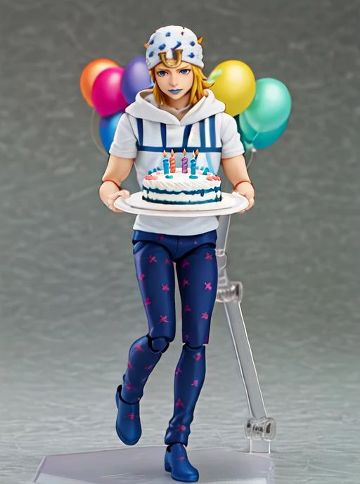 ((hand holding plate)), perfect hands, fullbody, ((perfect quality)) photo, johnnyjojo, blonde hair, hat, portrait photo, blue lips, 4k, pixel <lora:johnnyJoestarLora_v4:1.3> vivid colors, figma, figurine <lora:figmaAnimeFigures_figma:0.9> birthday balloons, birthday cake