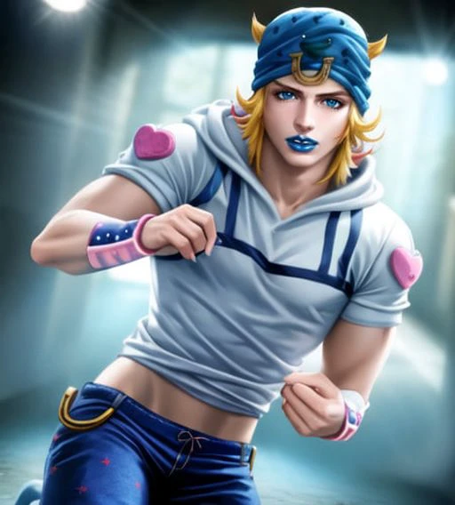 ((blue fingernails)), detailed face, blue eyes, ((johnnyjojo)), hat, 1boy, blonde hair, hires, HQ, blue pants, volumetric lighting, best quality, masterpiece, intricate details, tonemapping, sharp focus, hyper detailed, <lora:johnnyjojo:1.2> <lora:sakimiChanLora_v10:0.9> sakistyle