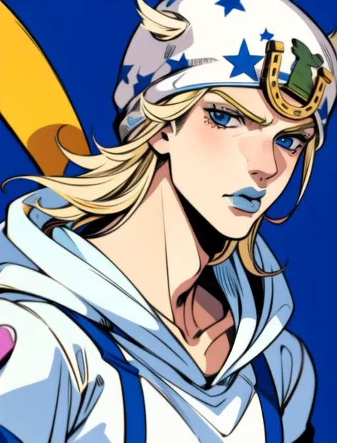 <lora:FluffydangoStyle:0.32><lora:add_detail:0.54> Johnny Joestar, araki hirohiko (style), amazing anatomy, masterpiece, best quality, solo, 1boy,  johnnyjojo, blonde hair, hat, blue lipstick, official artstyle, male, male focus, manga, hoodie, upper body, angry, young:0.98,  <lora:johnnyanyver:0.96>