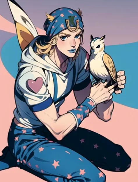 <lora:add_detail:0.54>Johnny Joestar, araki hirohiko (style), amazing anatomy, masterpiece, best quality, 1boy, johnnyjojo, blonde hair, hat, blue lipstick, official artstyle, male, male focus, manga, hoodie, sitting, pants, young:0.98, <lora:johnnyanyver:0.96>