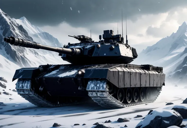 (medium full shot) of (formidable medium black tank) with reactive armor, diesel, advanced targeting system, side skirts, set in a snow-capped mountain, with icy winds and treacherous conditions, the tank enduring the elements, ,Masterpiece,best quality, raw photo, realistic, very aesthetic
