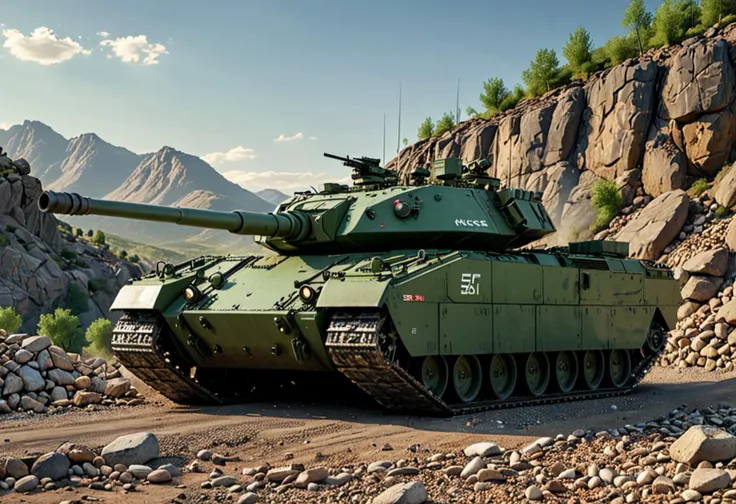 (medium full shot) of (advanced light dark-green tank) with reactive armor, electric, mine-sweeping equipment, side skirts, set in a rocky hillside, with loose gravel and boulders, the tank climbing to gain a strategic advantage, during a dusk operation, ,Masterpiece,best quality, photo, realistic, very aesthetic,