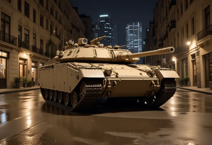 (medium full shot) of (rugged medium sand tank) with reactive armor, multi-fuel, amphibious capabilities, camouflage foliage, set in  a narrow city street, with tall buildings on either side, the tank maneuvering through tight spaces, during a nighttime operation, Masterpiece,best quality, photo, realistic, very aesthetic,