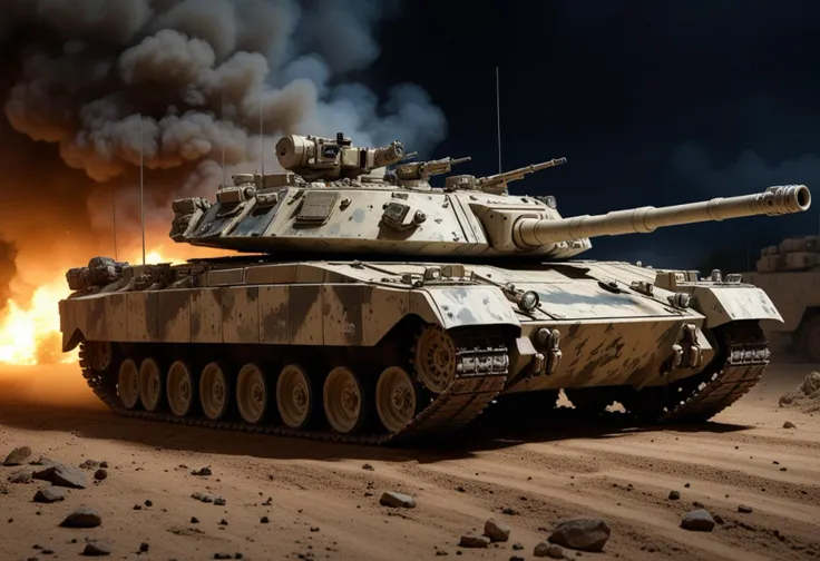(medium full shot) of (modern light digital-camo tank) with ceramic armor, diesel, low-profile chassis, communication equipment, set in a contested battlefield, with smoke and fire all around, the tank in the thick of combat, during a nighttime operation, Masterpiece,best quality, photo, realistic, very aesthetic,