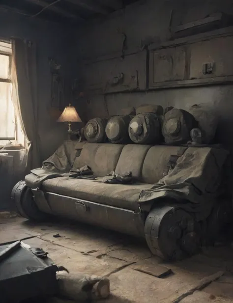 amredpll, concept art, depiction of an armored couch made out of tank armor, cozy living room, deep shadow, cinematic, contrast , <lora:- SDXL - amredpll_armored_style_V1.0:.6>