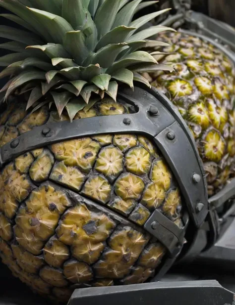 amredpll, concept art, a delicious pineapple glad in heavy armor on a metal table, cinematic, contrast , <lora:- SDXL - amredpll_armored_style_V1.0:.8>