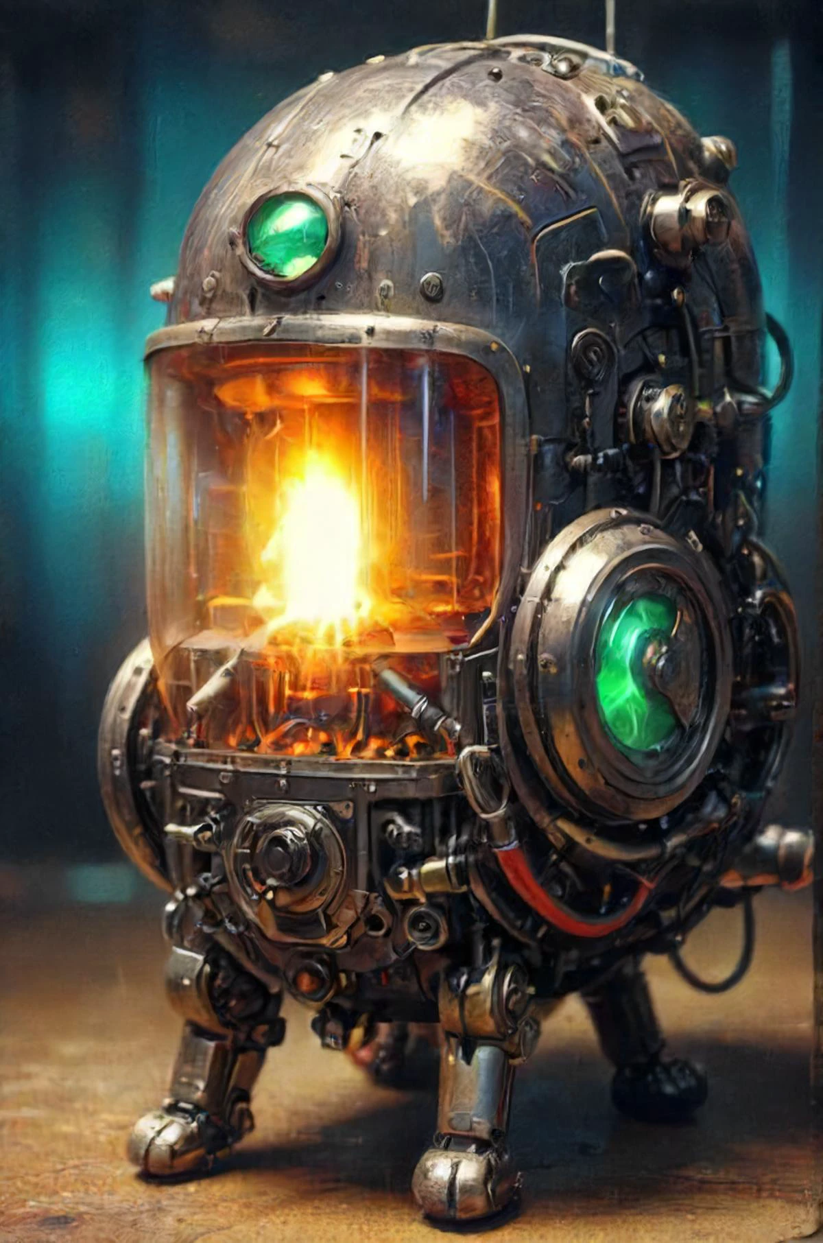 ai in an old eerie glowing nutshell about to go boom, smoke <lora:- SDXL - heavy_armored_V2.1:0.7> <lora:OldTechnologyXL:0.8> <lora:Neon_Cyberpunk_Impressionism_SDXL:0.8>