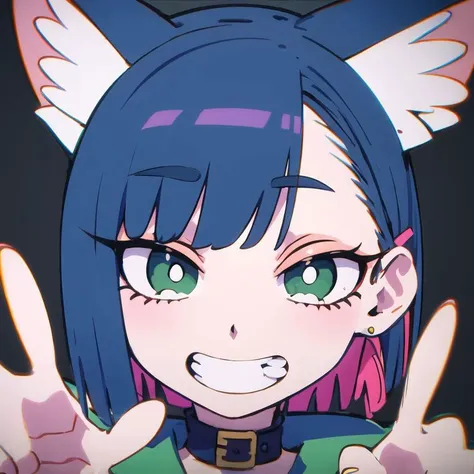 masterpiece, <lora:kung_fu_piggy-09:1> kung_fu_piggy, 1girl, solo,  short hair,blue hair, green eyes,triangle single earring, colored inner hair,pink inner hair,hairclip, cat ears, animal ear fluff, v, cat girl,grin, close-up,