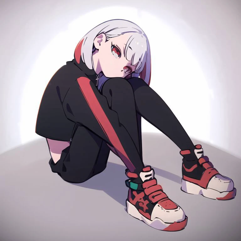 masterpiece, <lora:kung_fu_piggy-09:1> kung_fu_piggy, 1girl, solo,  sitting, gradient hair, white hair, sneakers, red eyes, hugging own legs, head tilt, pants, open jacket, bandeau