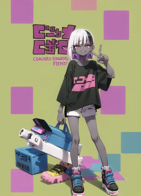 ((color contrast,oversized shirt)),masterpiece,  <lora:kung_fu_piggy-23:1> kung_fu_piggy,1girl,  looking at viewer, smile,black hair, grey shirt,colored inner hair,purple eyes, earrings, white pupil,black choker, purple hair, bangs, short hair, shorts, long eyelashes, simple background, large shoes,sneakers, detailed shadows