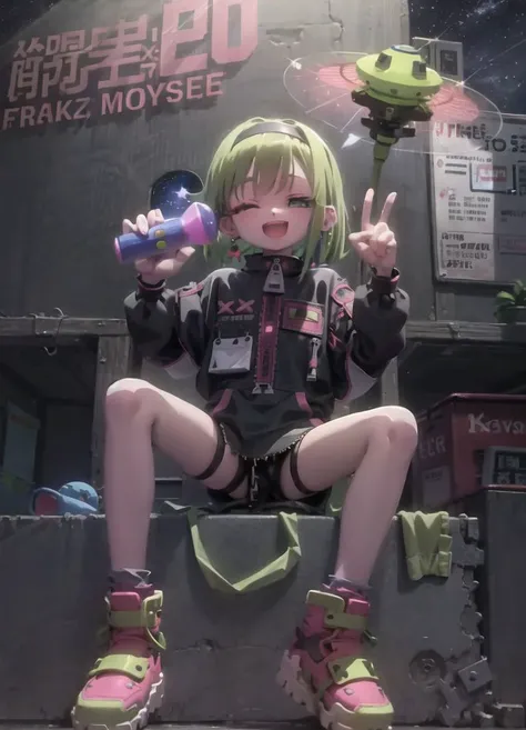 masterpiece, <lora:kung_fu_piggy-23:1> kung_fu_piggy, 1girl, looking at viewer, smile, short hair, open mouth, black hair, 1boy, holding, green eyes, blue hair, jacket, weapon, hairband, one eye closed, sky, shoes, pants, blunt bangs, black jacket, gun, night, robot, building, sneakers, star (sky), science fiction, city, space, yellow hairband, spacecraft, ufo
