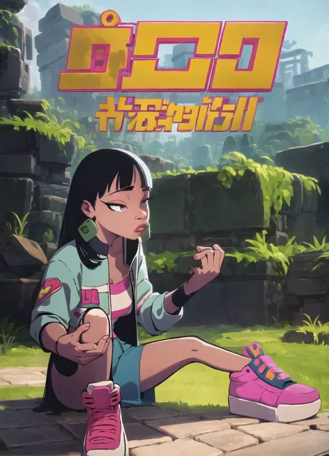 masterpiece, <lora:kung_fu_piggy-09:1> kung_fu_piggy, 1girl, jacket, sneakers, <lora:chel_eldorado-11:1> chel_eldorado, detailed background