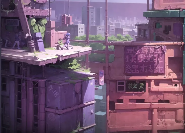 (purple_theme:1.5),masterpiece,  <lora:kung_fu_piggy-23:1> kung_fu_piggy, limited palette, flat color, city, skyline, sci fi, landscape