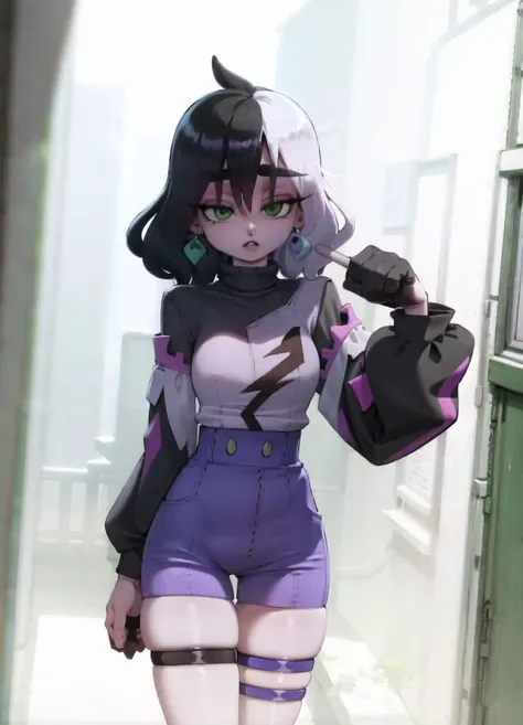 masterpiece, <lora:kung_fu_piggy-23:1> kung_fu_piggy,1girl,
<lora:yorra_villeneuve-09:1> yorra_villeneuve, (green eyes, green lips), (thigh strap, single thighhigh,purple high waist shorts, black sweater , long sleeves, single glove:1.2)