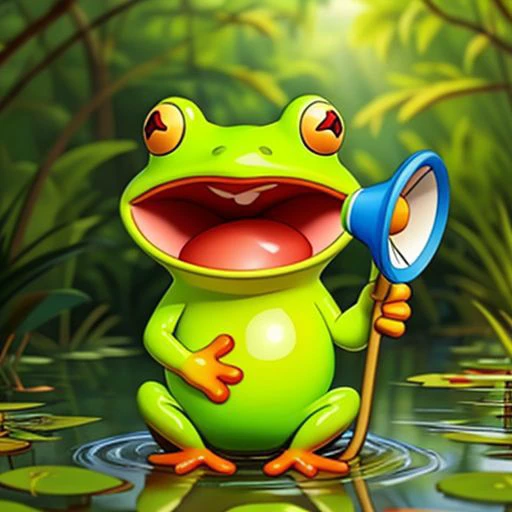 A cute frog is holding a megaphone in the swamp <lora:SD15-Megaphone-LoRA:0.8>