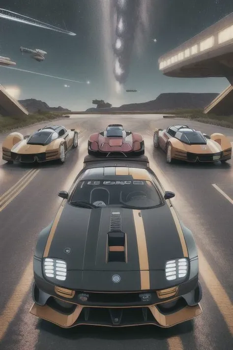 (masterpiece, best quality), high resolution, (8k resolution), (ultra detailed), The picture shows a car trail suspended in the starry sky, Two racing cars racing towards the camera, Super sports car, Plasma engine, Colorful planets and nebulae in the background, hyperrealistic, more details, low saturation, realism, Phototexture