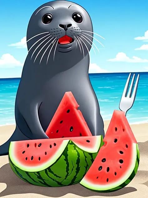 A seal sitting at the beach, eating a watermelon with fork and knife, Very detailed, clean, high quality, sharp image