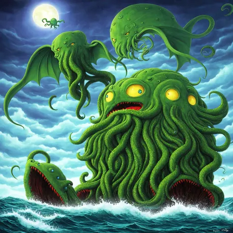 Cthulhu rising from the sea in a great storm, based on H.P Lovecraft stories, Naoto Hattori