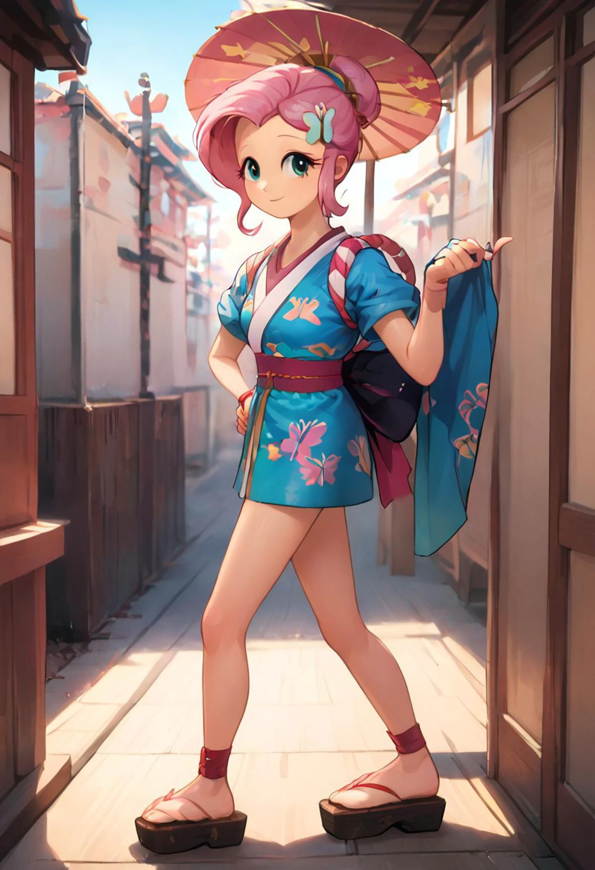SFW, rating_all, score_10, score_8_up, score_7_up, Equestria girls, (((human))), 1female, (((solo))), (((Fluttershy) cosplaying) as Ayame), short hair, bangs, (pink hair), hair ornament, short sleeves, sidelocks, japanese clothes, kimono, hair bun, (aqua eyes), sash, obi, sandals, single hair bun, rope, hair stick, short kimono, platform footwear, ankle wrap, slender, standing, smiling, ((holding pink wagasa)), oil-paper umbrella, detailed, vector, flat colors