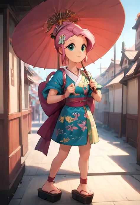 SFW, rating_all, score_10, score_8_up, score_7_up, Equestria girls, (((human))), 1female, (((solo))), (((Fluttershy) cosplaying) as Ayame), short hair, bangs, (pink hair), hair ornament, short sleeves, sidelocks, japanese clothes, kimono, hair bun, (aqua eyes), sash, obi, sandals, single hair bun, rope, hair stick, short kimono, platform footwear, ankle wrap, slender, standing, smiling, ((holding pink wagasa)), oil-paper umbrella, detailed, vector, flat colors