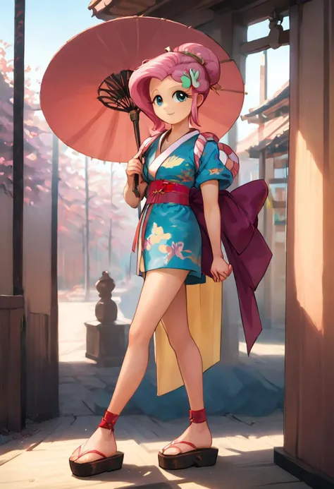 SFW, rating_all, score_10, score_8_up, score_7_up, Equestria girls, (((human))), 1female, (((solo))), (((Fluttershy) cosplaying) as Ayame), short hair, bangs, (pink hair), hair ornament, short sleeves, sidelocks, japanese clothes, kimono, hair bun, (aqua eyes), sash, obi, sandals, single hair bun, rope, hair stick, short kimono, platform footwear, ankle wrap, slender, standing, smiling, ((holding pink wagasa)), oil-paper umbrella, detailed, vector, flat colors