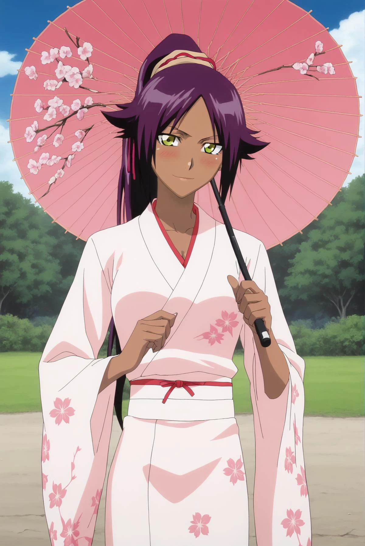 zPDXLxxx,
<lora:furisode_Pony_V1.0:1.0> (jyojifuku:1.1), furisode, kimono, hair ornament, floral print, wide sleeves, cherry blossoms pattern,
<lora:yoruichi-shihouin-ponyxl-lora-nochekaiser:0.9> yoruichi shihouin, long hair, yellow eyes, ponytail, purple hair, dark skin, dark-skinned female,
1girl, solo,
large breasts, perky breasts, pointy breasts,
very skinny,
BREAK
light smile, blush, closed mouth, head tilt,
looking at viewer,
BREAK
holding object, holding umbrella,
<lora:wagasa_Pony_V1.0:1.0> wagasa, oil-paper umbrella,
BREAK
anime screencap, official art, official style, anime coloring, megami magazine, anime, animated, explicit,
wide shot, cowboy shot, three-quarter view, pov,
temple, outdoors,
spring,