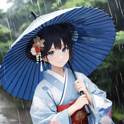 masterpiece,ultra-detailed,best quality,8K,illustration,cute face,clean skin ,shiny hair,girl,ultra-detailed-eyes,simple background, <lora:add-detail-xl:1> <lora:wagasa_XL_V1.1:0.6> wagasa, oil-paper umbrella,blue umbrella, japanese clothes, holding umbrella,rain,outdoor