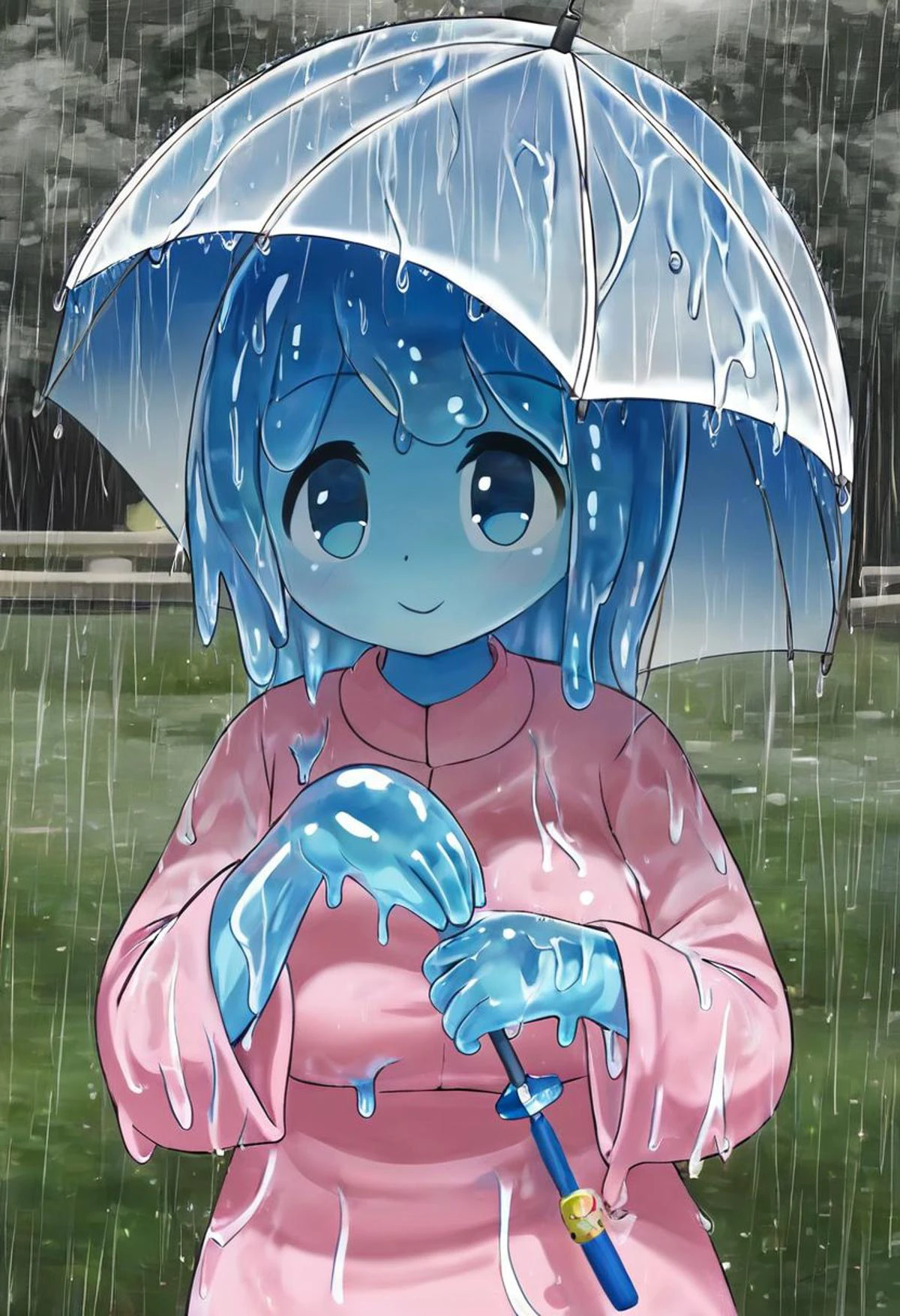 masterpiece,ultra-detailed,best quality,8K,illustration,cute face,clean skin ,shiny hair,girl,ultra-detailed-eyes, wagasa, oil-paper umbrella,blue umbrella, holding umbrella,rain,outdoor, slime blue skin wet