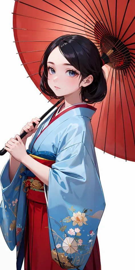 masterpiece,ultra-detailed,best quality,8K,illustration,cute face,clean skin ,shiny hair,
girl,,simple background,cowboy shot,  <lora:wagasa_V1.0:0.6> wagasa, oil-paper umbrella, japanese clothes,holding umbrella