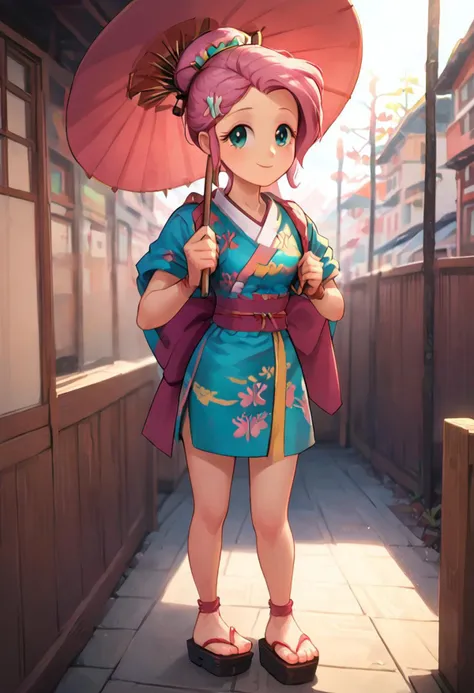 SFW, rating_all, score_10, score_8_up, score_7_up, Equestria girls, (((human))), 1female, (((solo))), (((Fluttershy) cosplaying) as Ayame), short hair, bangs, (pink hair), hair ornament, short sleeves, sidelocks, japanese clothes, kimono, hair bun, (aqua eyes), sash, obi, sandals, single hair bun, rope, hair stick, short kimono, platform footwear, ankle wrap, slender, standing, smiling, ((holding pink wagasa)), oil-paper umbrella, detailed, vector, flat colors