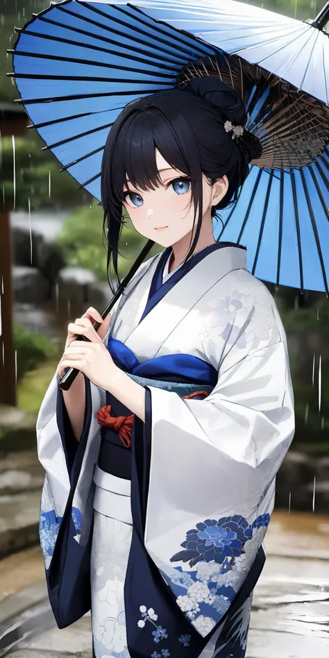 masterpiece,ultra-detailed,best quality,8K,illustration,cute face,clean skin ,shiny hair,girl,ultra-detailed-eyes,simple background, <lora:add-detail-xl:1> <lora:wagasa_XL_V1.1:0.6> wagasa, oil-paper umbrella,blue umbrella, japanese clothes, holding umbrella,rain,outdoor