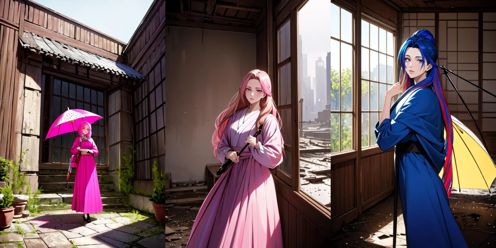 (otherworldly), highly insanely detailed, masterpiece, top quality, best quality, highres, 4k, 8k, RAW photo, (very aesthetic, beautiful and aesthetic), 1girl, Tower13_Gizelle,
BREAK
<lora:wagasa_V1.0:0.7>, wagasa, oil-paper umbrella, holding umbrella,
BREAK
(long-shot ruins, building, window frame, cracked window, wall corner, upturned, abandoned, metal, industrial, fence, moody, cracked mud, urban, canalside:1.2),
BREAK
(__lazy-wildcards/char/haircolor__:1.3),
__lazy-wildcards/dataset/background-color__,
âââ